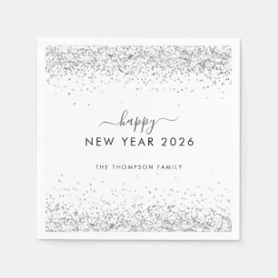Silver Glitzer Name White Happy New Year 2025 Serviette