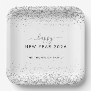Silver Glitzer Name White Happy New Year 2026 Pappteller