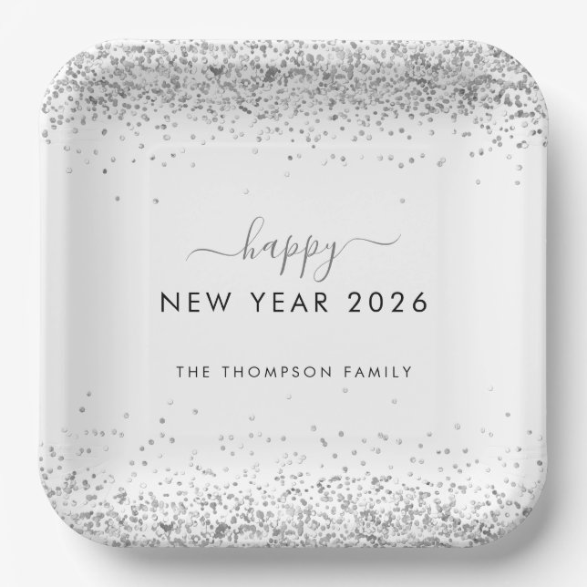 Silver Glitzer Name White Happy New Year 2026 Pappteller (Vorderseite)