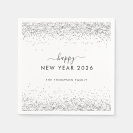 Silver Glitzer Name White Happy New Year 2026 Serviette
