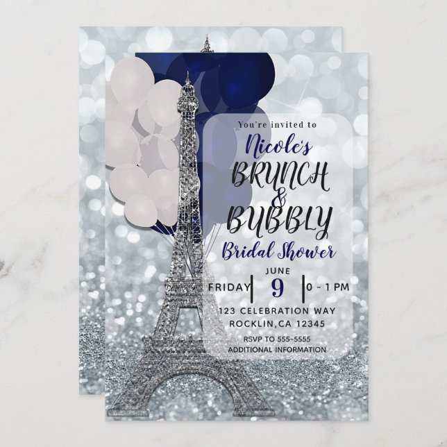 Silver Glitzer Navy Balloons Eiffel Tower Paris Einladung (Vorne/Hinten)