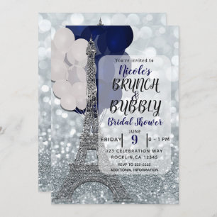 Silver Glitzer Navy Balloons Eiffel Tower Paris Einladung