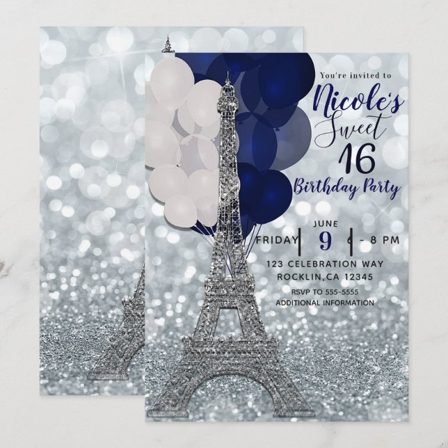 Silver Glitzer Navy Balloons Paris Eiffel Tower Einladung (Vorne/Hinten)