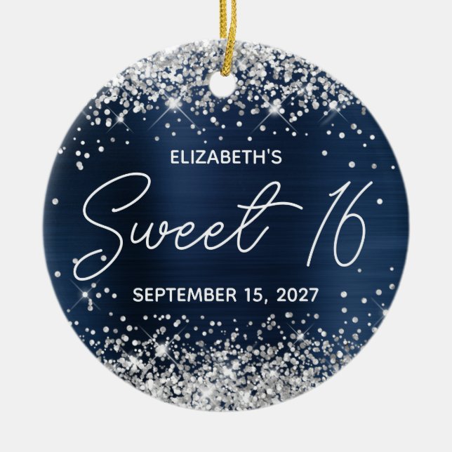 Silver Glitzer Navy Blue Extravagant Sweet 16 Foto Keramik Ornament (Vorne)