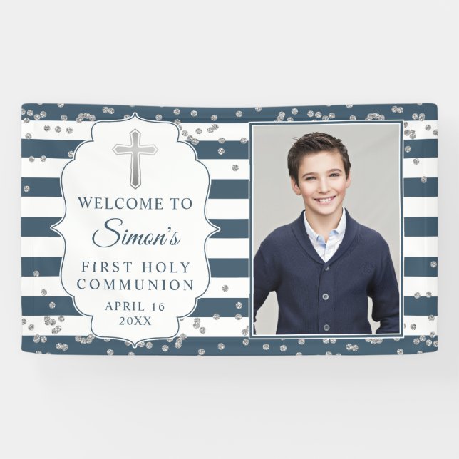 Silver Glitzer Navy Blue First Kommune Foto Banner (Horizontal)