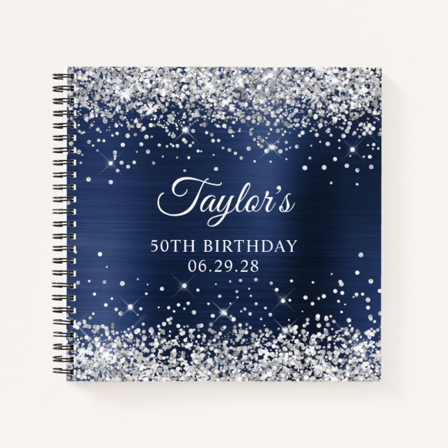 Silver Glitzer Navy Blue Foil 50th Birthday Guest Notizbuch (Vorderseite)