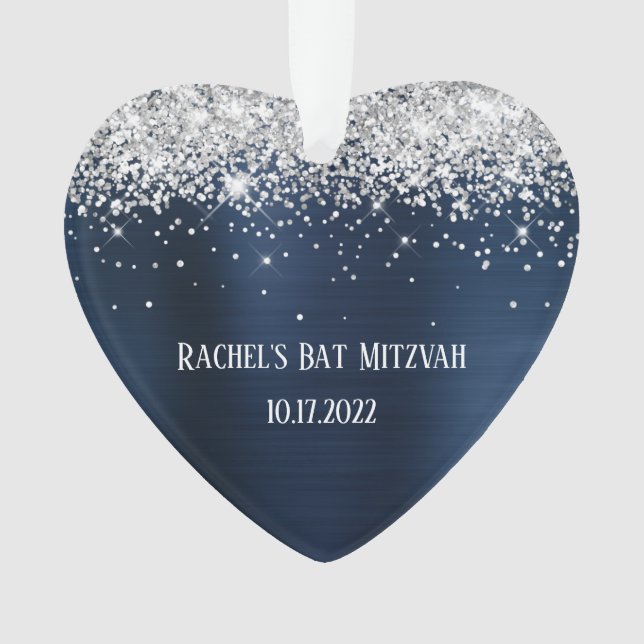 Silver Glitzer Navy Blue Foil Bat Mitzvah Herz Ornament (Vorderseite)