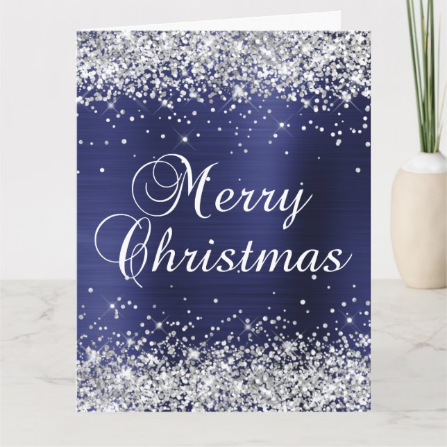 Silver Glitzer Navy Blue Foil Große Weihnachten Karte (Vorderseite)