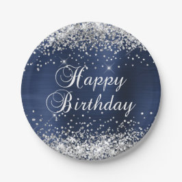 Silver Glitzer Navy Blue Foil Happy Birthday Pappteller