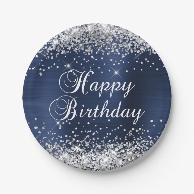 Silver Glitzer Navy Blue Foil Happy Birthday Pappteller (Vorderseite)