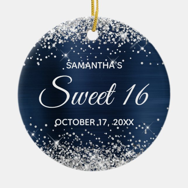 Silver Glitzer Navy Blue Foil Sweet 16 Birthday Keramik Ornament (Vorne)