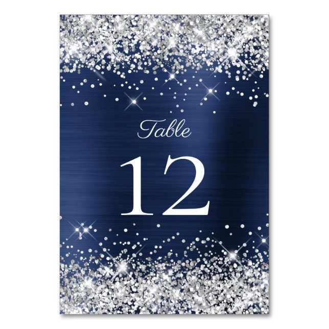 Silver Glitzer Navy Blue Foil Wedding Tischnummer (Vorderseite)