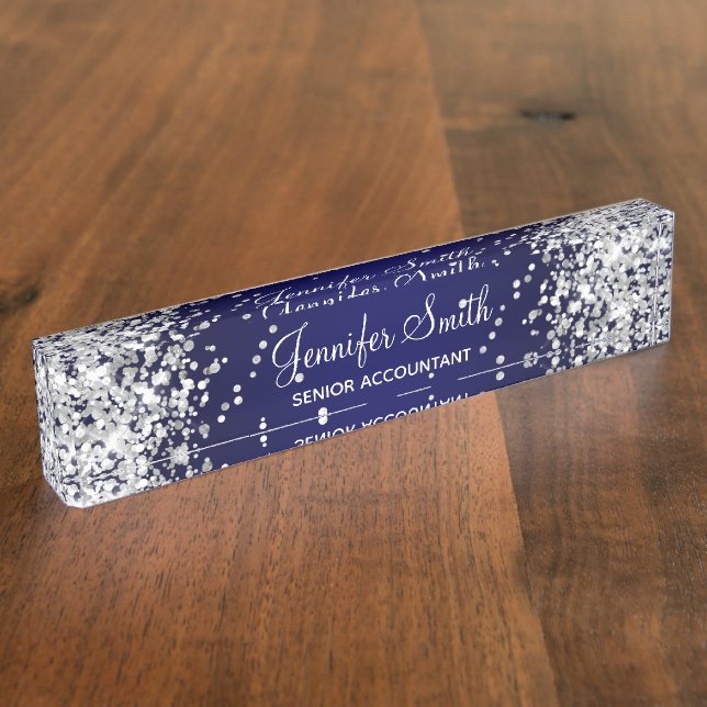 Silver Glitzer Navy Blue Gradient Namensplakette (Seite)
