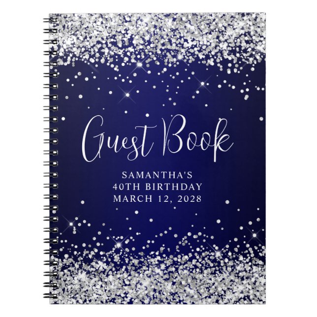 Silver Glitzer Navy Blue Ombre 40th Birthday Guest Notizblock (Vorderseite)