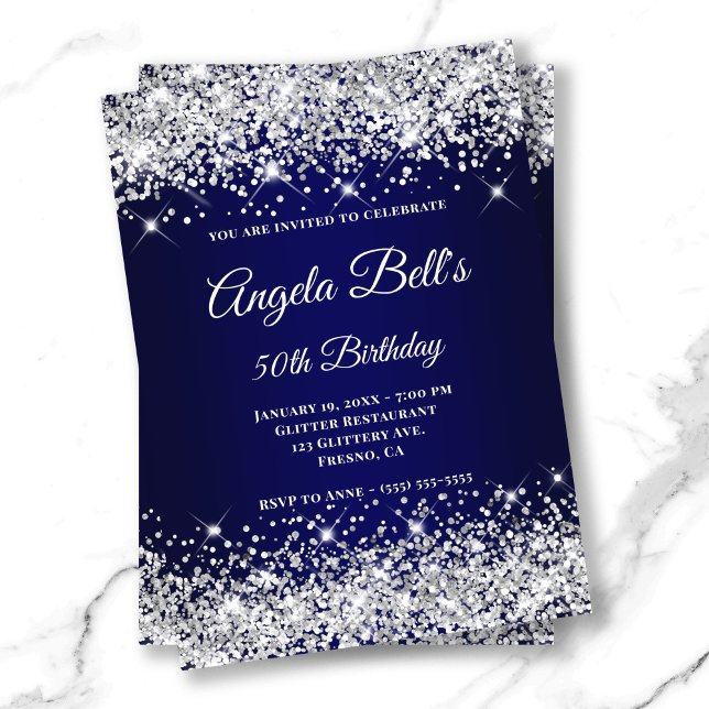 Silver Glitzer Navy Blue Ombre Extravagant Monogra Einladung (Silver Glitter Navy Blue Ombre Fancy Monogram Invitation)