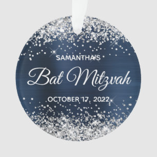Silver Glitzer Navy Blue Ombre Foil Bat Mitzvah Ornament