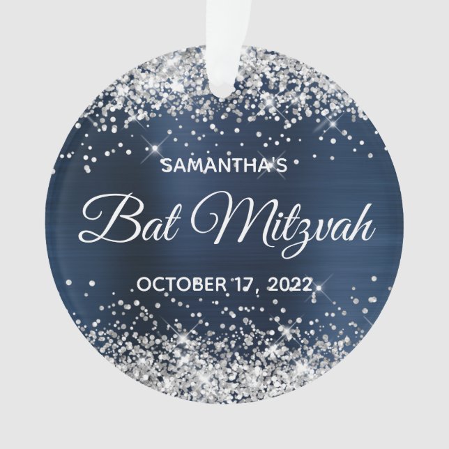 Silver Glitzer Navy Blue Ombre Foil Bat Mitzvah Ornament (Vorderseite)