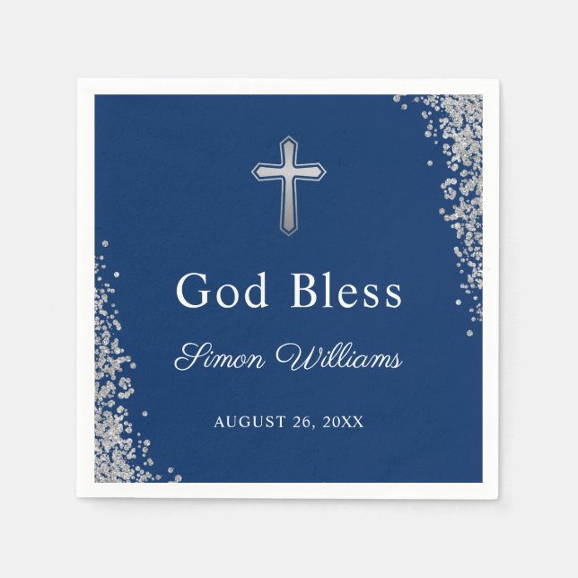 Silver Glitzer Navy Blue Personalisiert Religious Serviette (Vorderseite)