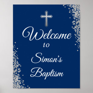 Silver Glitzer Navy Blue Taufe Willkommen Poster