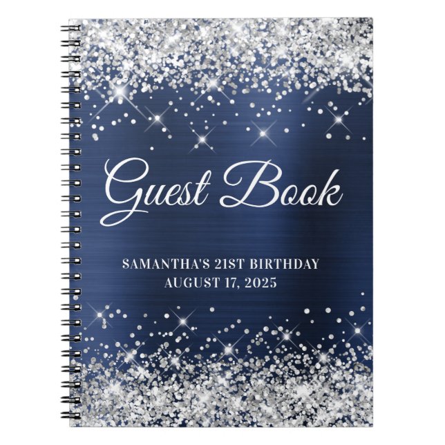 Silver Glitzer Navy Foil 21. Geburtstag Gästebuch Notizblock (Vorderseite)