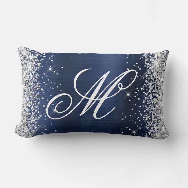 Silver Glitzer Navy Foil Extravagant Mit Monogramm Lendenkissen (Vorderseite)