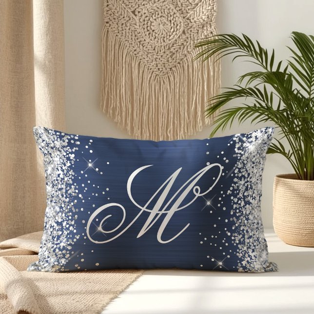 Silver Glitzer Navy Foil Extravagant Mit Monogramm Lendenkissen (Silver Glitter Navy Foil Fancy Monogrammed Lumbar Pillow
)