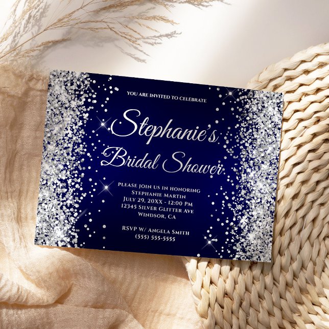 Silver Glitzer Navy Gradient Extravagant Monogram Einladung (Modern navy and faux silver glitter Bridal Shower invite.)