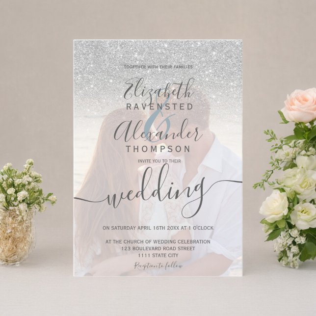 Silver Glitzer ombre Blue Script Foto Hochzeit Einladung (Silver glitter ombre blue script photo wedding invitation)