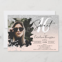 Silver Glitzer ombre Blumenrosa Foto Sweet 16 Einladung