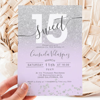 Silver Glitzer ombre lavender Quinceanera Foto Einladung
