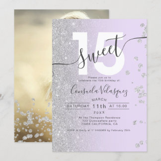 Silver Glitzer ombre lavender Quinceanera Foto In Einladung