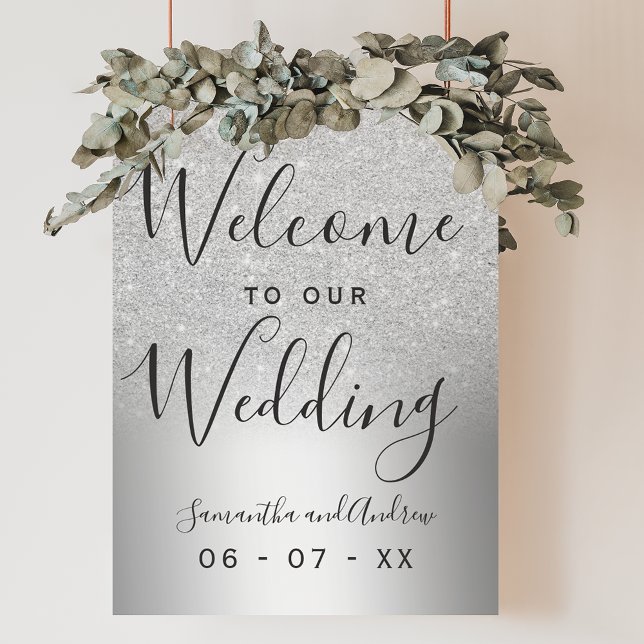 Silver Glitzer ombre Metallisches Hochzeitsgeschen Poster (Silver glitter ombre metallic wedding welcome poster)