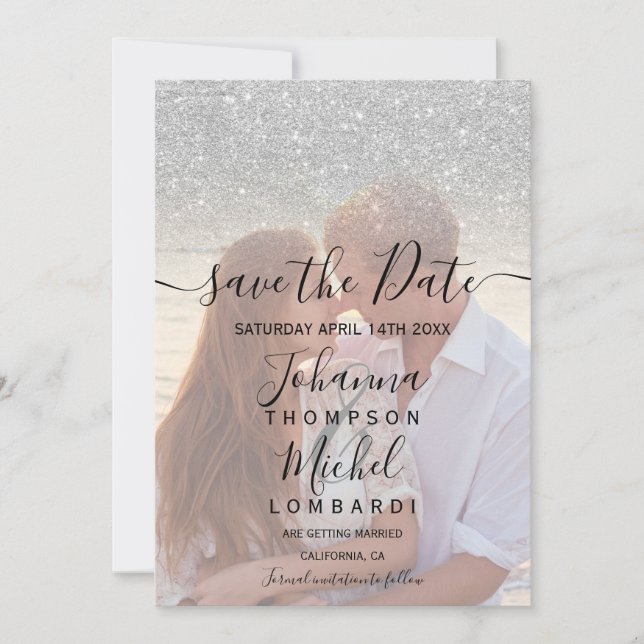 Silver Glitzer ombre Script-Foto Save the Date (Vorderseite)