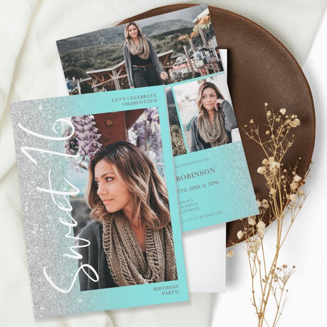 Silver Glitzer ombre Skript aquamarin 4 Fotos Swee Einladung (Von Creator hochgeladen)