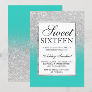 Silver Glitzer ombre türkis Chic Sweet 16 Einladung