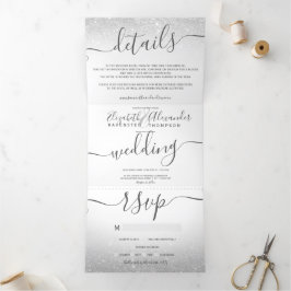Silver Glitzer ombre White Script Chic Hochzeit Dreifach Gefaltete Einladung