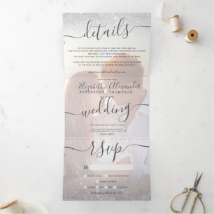 Silver Glitzer ombre White Script Foto Hochzeit Dreifach Gefaltete Einladung