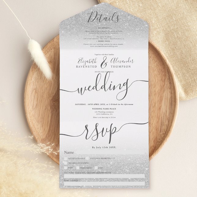Silver Glitzer ombre white script wedding All In One Einladung (Von Creator hochgeladen)