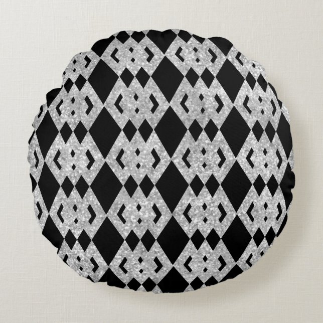 Silver Glitzer Overlap Diamond Pattern Rundes Kissen (Vorderseite)
