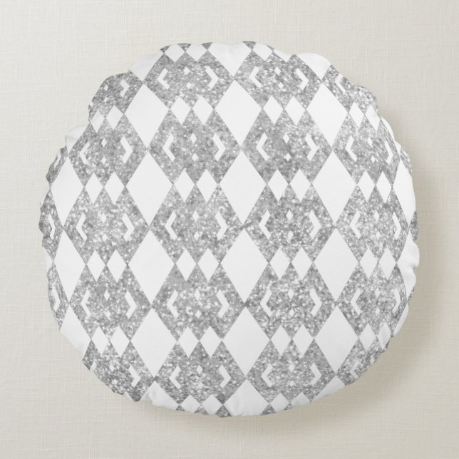 Silver Glitzer Overlap Diamond Pattern Rundes Kissen (Vorderseite)