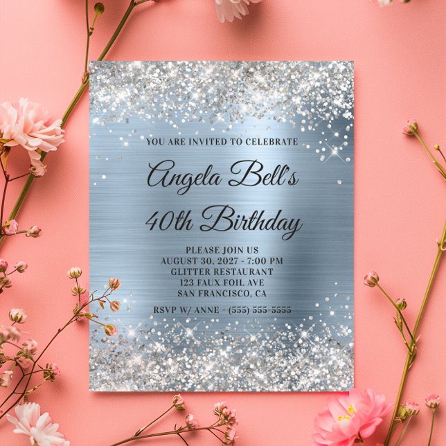 Silver Glitzer Pale Blue 40. Geburtstag Einladung Flyer (Silver Glitter Pale Blue 40th Birthday Invite Flyer)