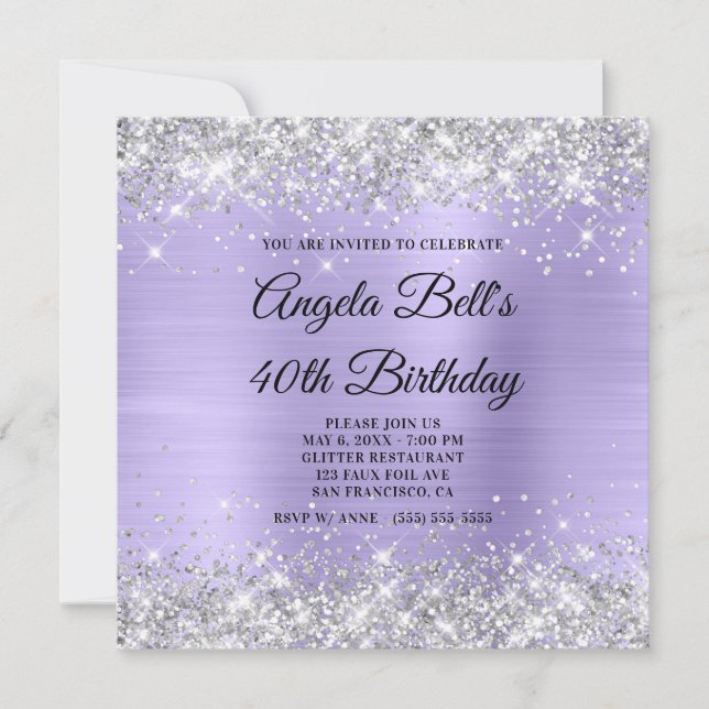 Silver Glitzer Pale Lavendel Shimmer Foil Monogram Einladung (Vorderseite)