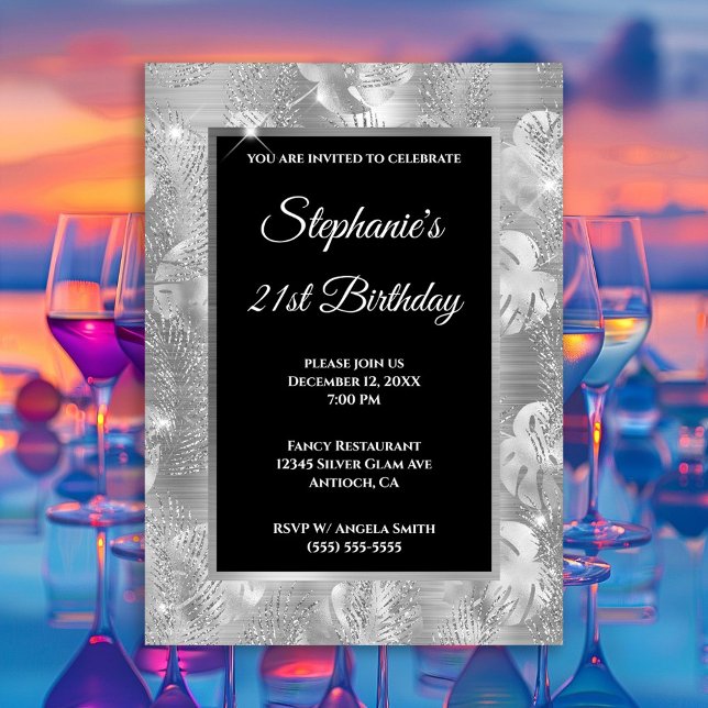 Silver Glitzer Palm und Monstera Blätter Geburtsta Einladung (Silver Glitter Palm and Monstera Leaves Birthday Invitation)