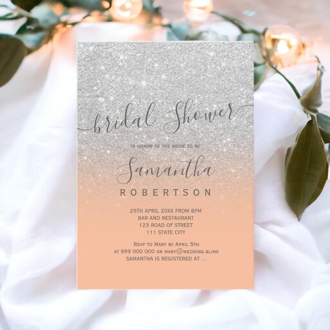 Silver Glitzer Peach-Brautparty Einladung (Silver glitter peach script bridal shower invitation)