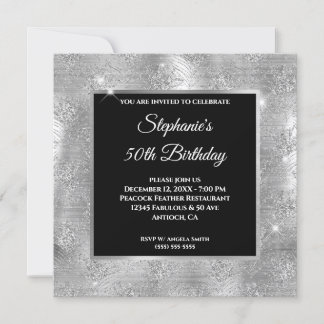 Silver Glitzer Peacock Feather Glam Birthday Einladung