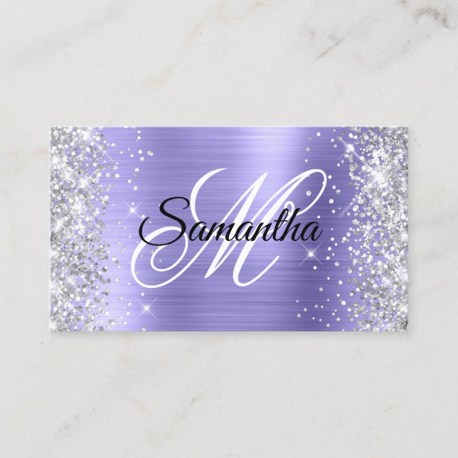Silver Glitzer Periwinkle Foil Extravagant Monogra Visitenkarte (Vorderseite)