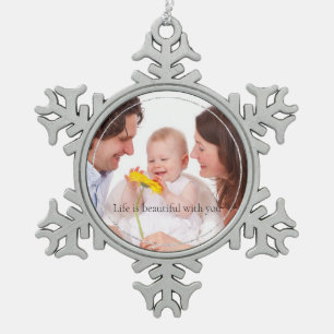 Silver Glitzer Personalisiertes Foto und Zitat Schneeflocken Zinn-Ornament