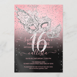 Silver Glitzer Pink Black Masquerade Sweet 16 Einladung