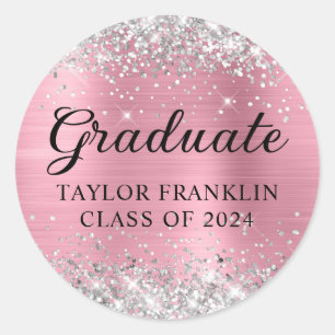 Silver Glitzer Pink Class of 2024 Graduate Runder Aufkleber