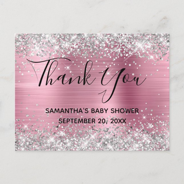 Silver Glitzer Pink Foil Babydusche Danke Postkarte (Vorderseite)